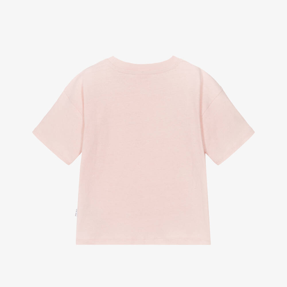 Molo-Girls Pink Cotton T-Shirt with Green Happy Heart Print | Childrensalon