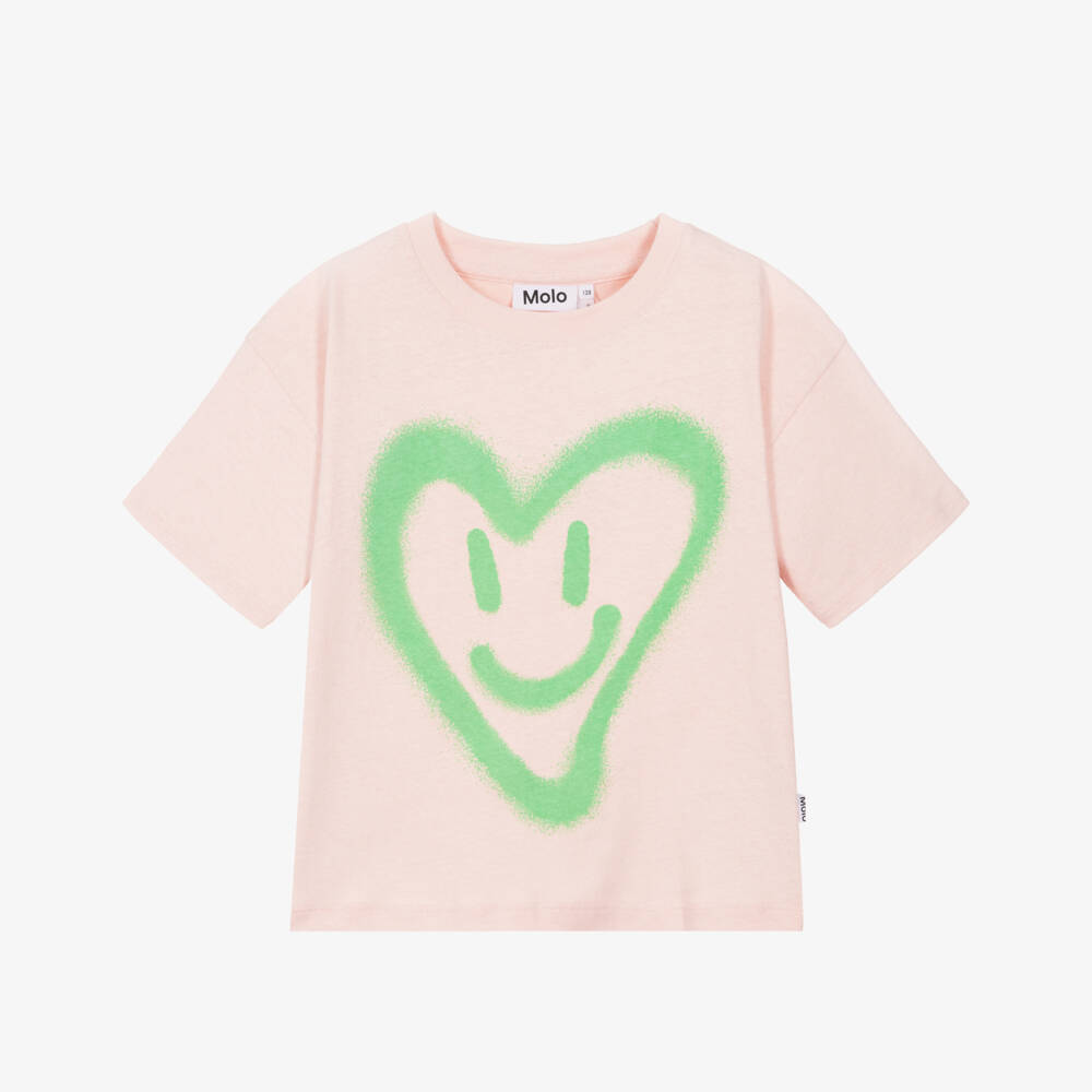 Molo-Girls Pink Cotton T-Shirt with Green Happy Heart Print | Childrensalon