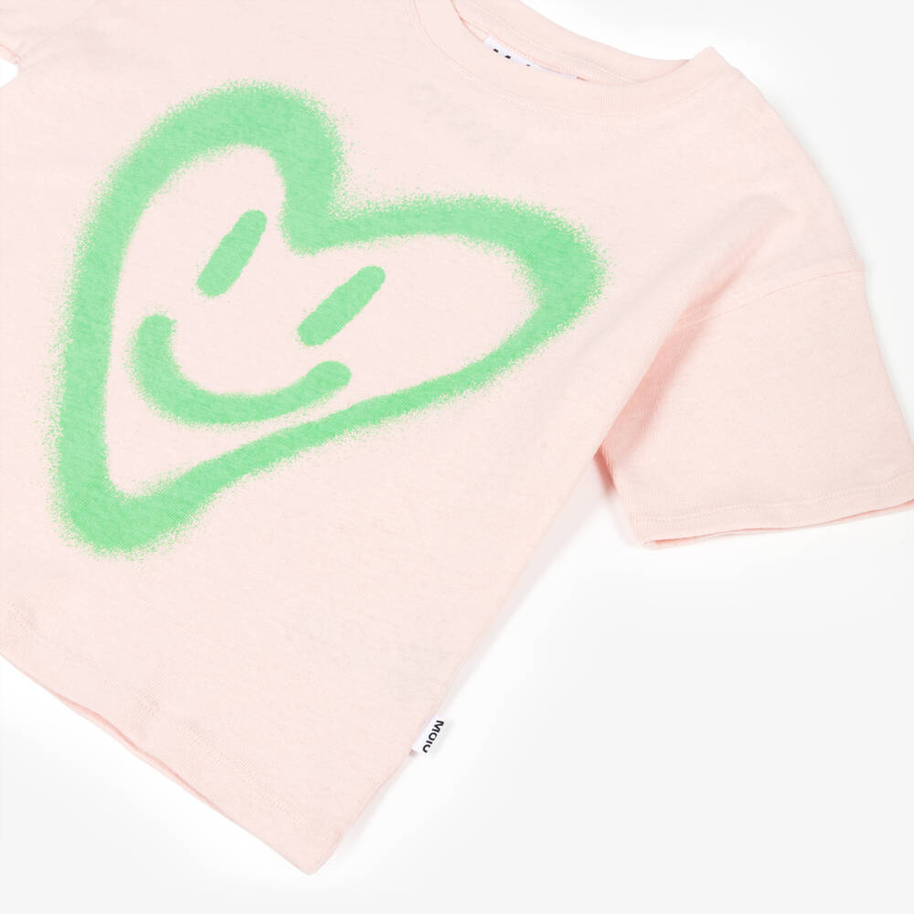 Molo-Girls Pink Cotton T-Shirt with Green Happy Heart Print | Childrensalon