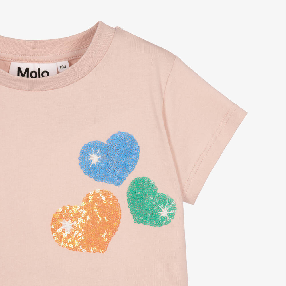Molo-Girls Pink Cotton T-Shirt with Sequin Hearts | Childrensalon