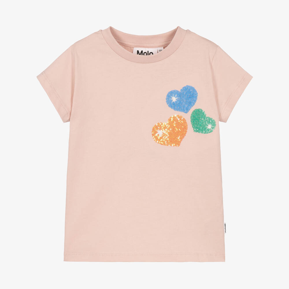 Molo-Girls Pink Cotton T-Shirt with Sequin Hearts | Childrensalon