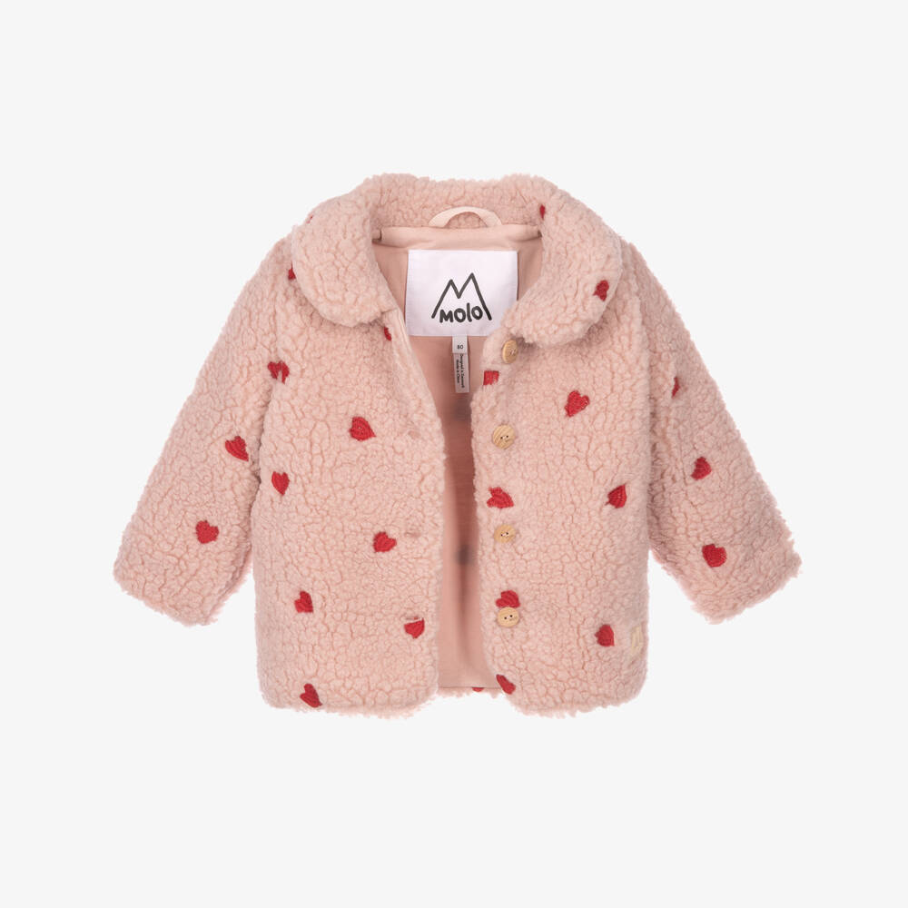 Molo-Girls Pink Fleece Jacket with Heart Embroidery | Childrensalon