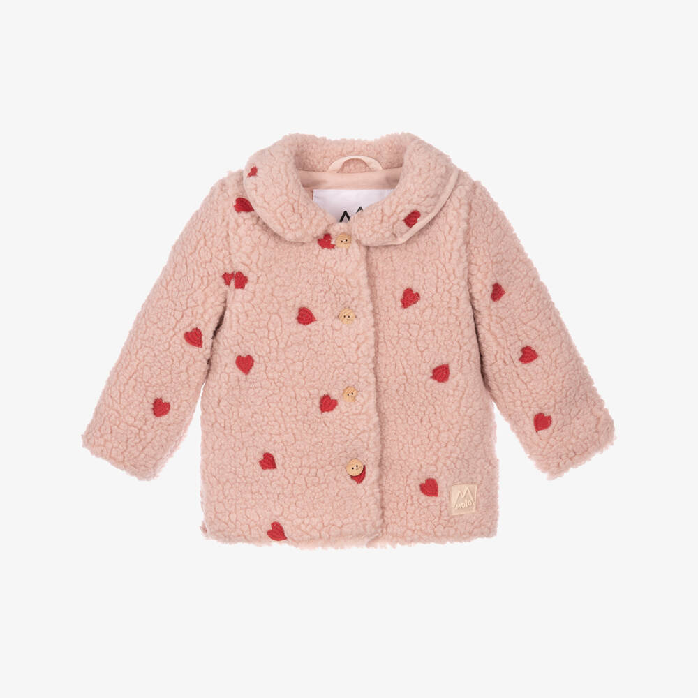 Molo-Girls Pink Fleece Jacket with Heart Embroidery | Childrensalon