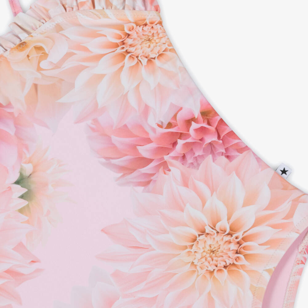 Molo-Girls Pink Floral Frill Swimsuit (UPF50+) | Childrensalon