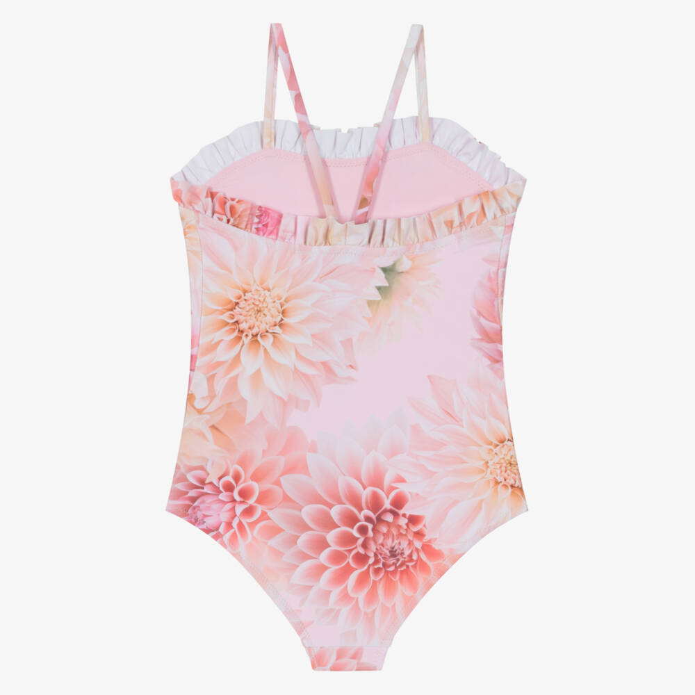 Molo-Girls Pink Floral Frill Swimsuit (UPF50+) | Childrensalon