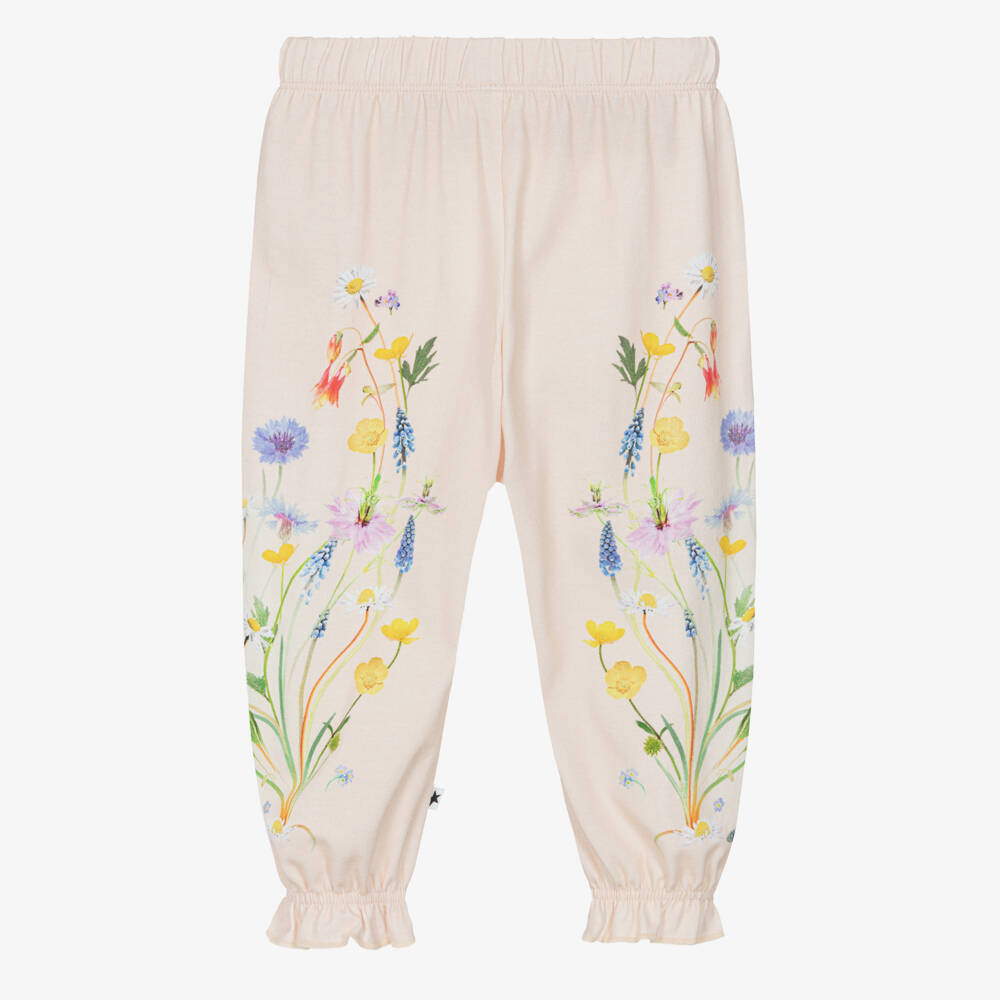 Molo-Girls Pink Floral Print Organic Cotton Jersey Trousers | Childrensalon