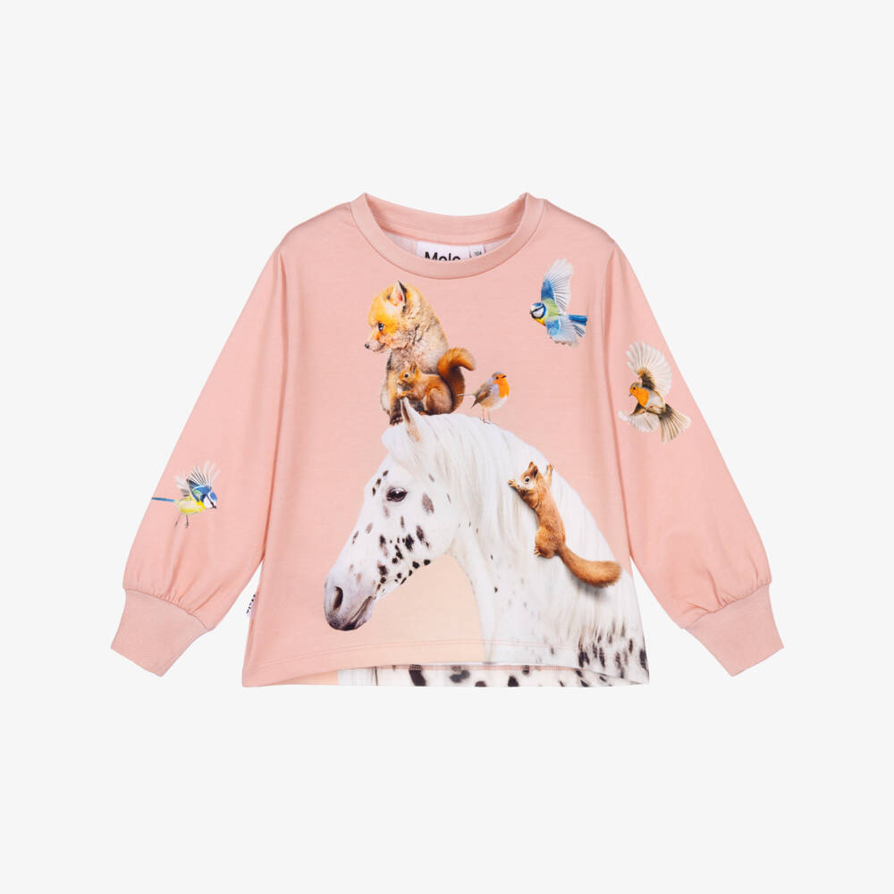 Molo-Girls Pink Horse & Animals Long Sleeve Top | Childrensalon