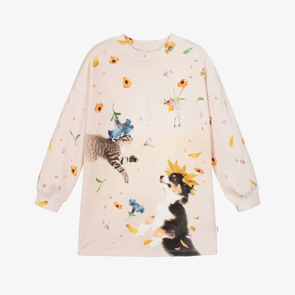 Molo-Girls Pink Kitten & Puppy Floral Sweatshirt Dress | Childrensalon
