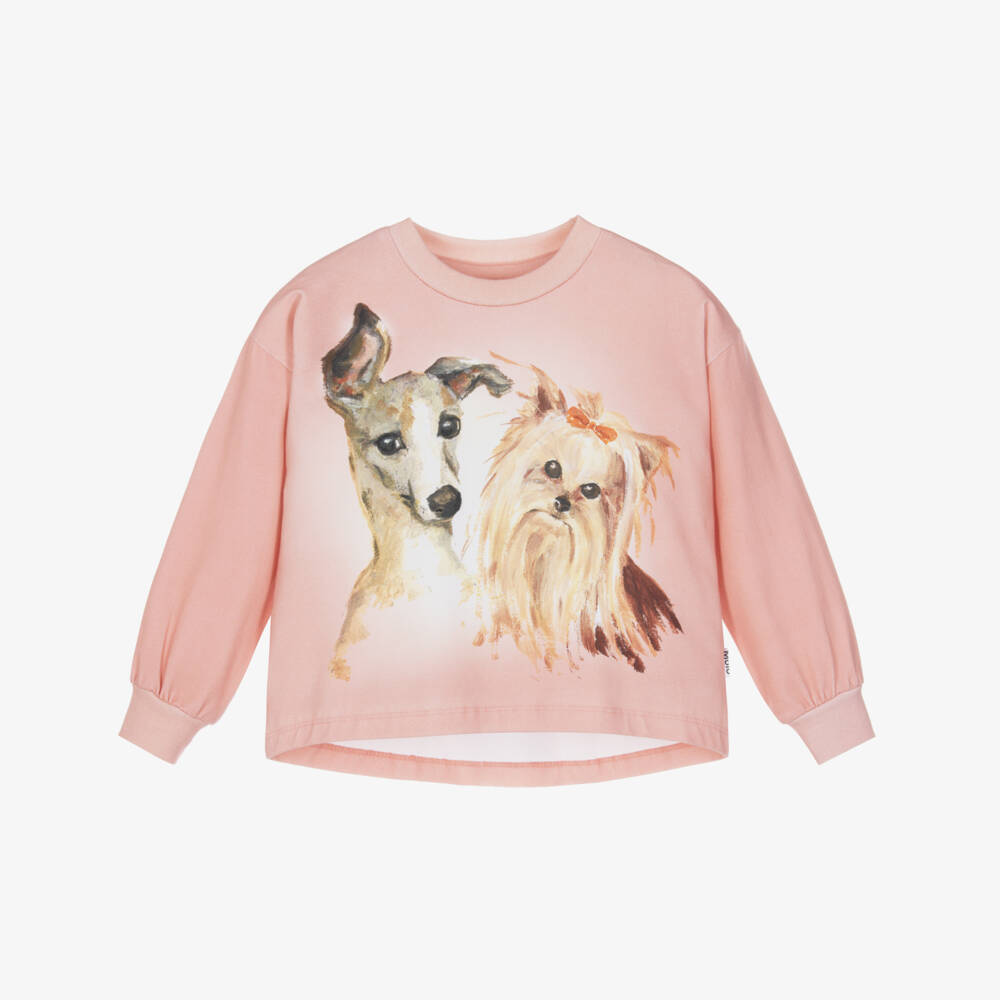 Molo-Girls Pink Long-Sleeved Top with Dog Prints | Childrensalon