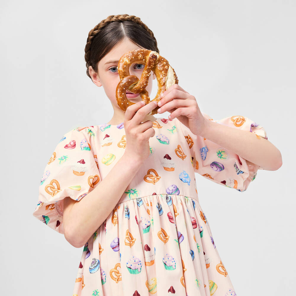 Molo-Girls Pink Mini Cakes Print Organic Cotton Dress | Childrensalon