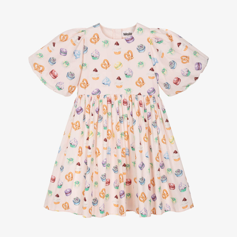 Molo-Girls Pink Mini Cakes Print Organic Cotton Dress | Childrensalon