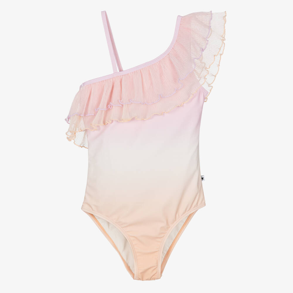 Molo-Girls Pink & Orange Tulle Ruffle Swimsuit (UPF50+) | Childrensalon