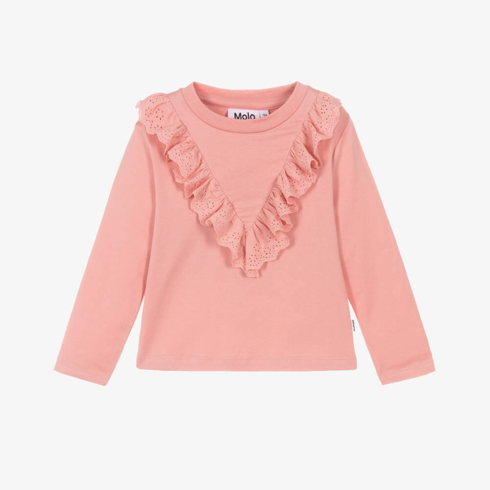 Molo-Girls Pink Organic Cotton Broderie Ruffle Trim Top | Childrensalon