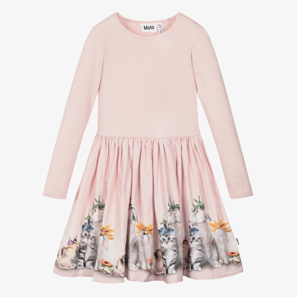 Molo-Girls Pink Organic Cotton Dress with Baby Animal Prints | Childrensalon