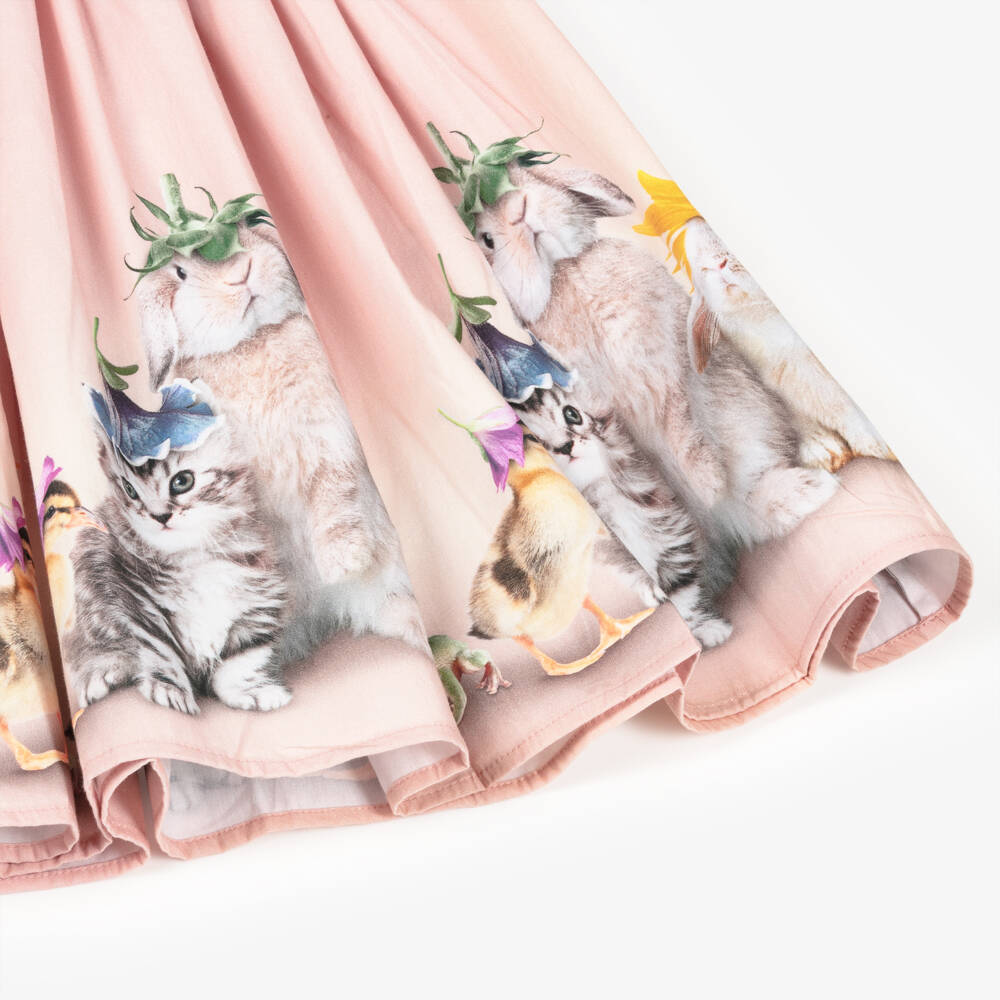 Molo-Girls Pink Organic Cotton Dress with Baby Animal Prints | Childrensalon