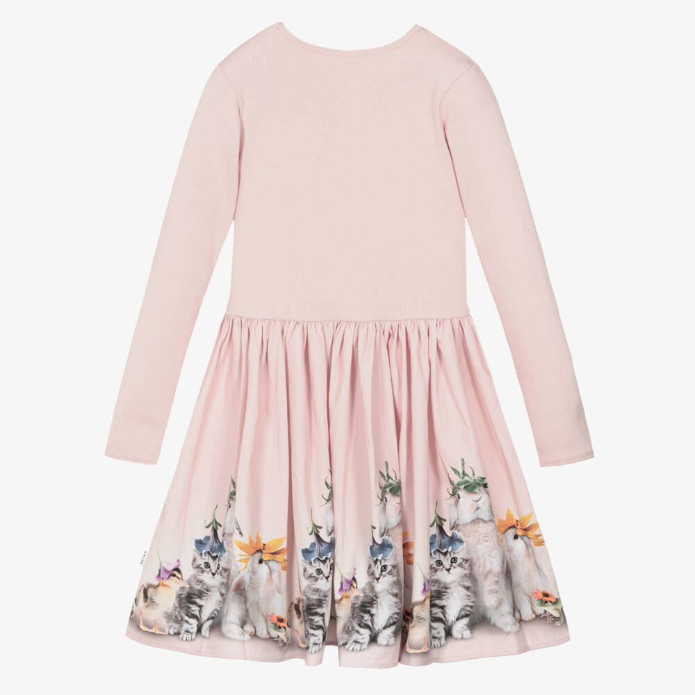 Molo-Girls Pink Organic Cotton Dress with Baby Animal Prints | Childrensalon