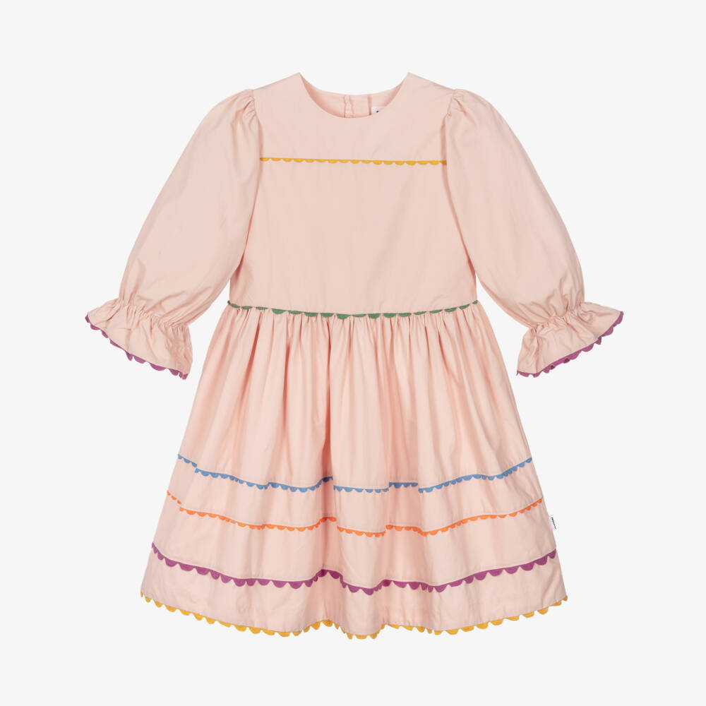 Molo-Girls Pink Organic Cotton Dress with Colourful Ric Rac Trim | Childrensalon