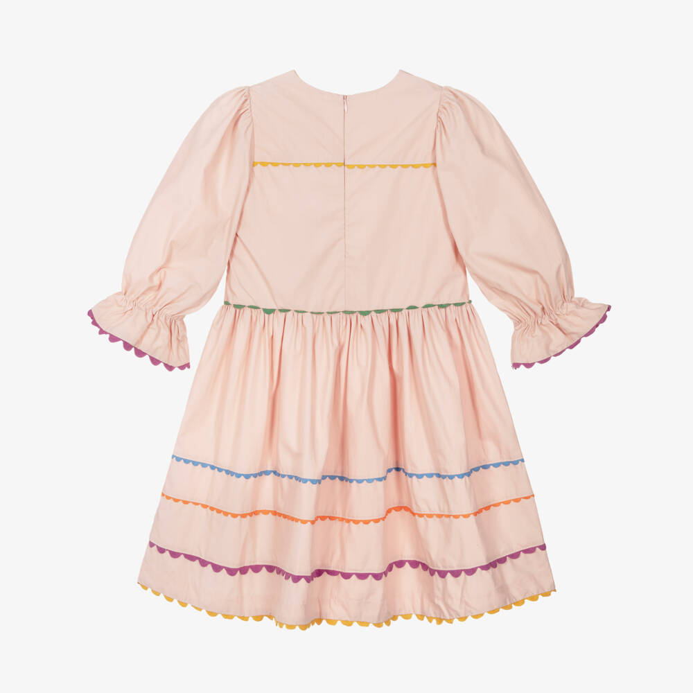 Molo-Girls Pink Organic Cotton Dress with Colourful Ric Rac Trim | Childrensalon