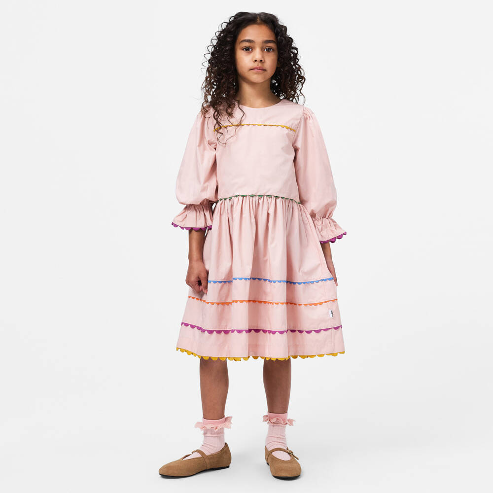 Molo-Girls Pink Organic Cotton Dress with Colourful Ric Rac Trim | Childrensalon