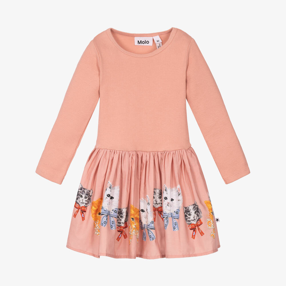 Molo-Girls Pink Organic Cotton Kitten Print Dress | Childrensalon