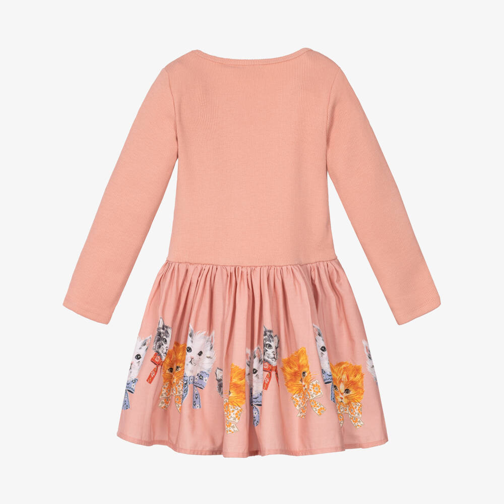 Molo-Girls Pink Organic Cotton Kitten Print Dress | Childrensalon