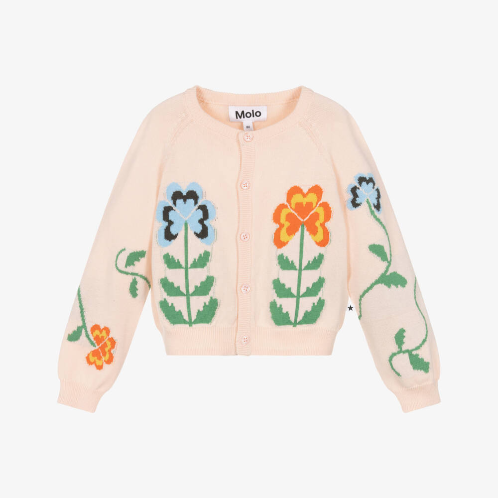 Molo-Girls Pink Organic Cotton Knit Flower Cardigan | Childrensalon