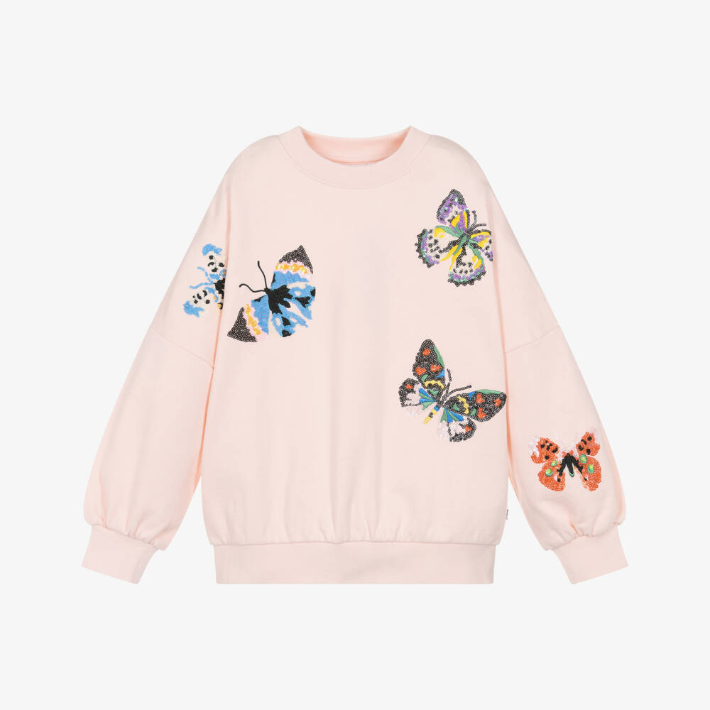 Molo-Girls Pink Organic Cotton Sequinned Butterflies Sweatshirt | Childrensalon