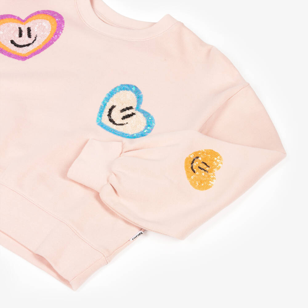 Molo-Girls Pink Organic Cotton Sweatshirt with Sequin Hearts | Childrensalon