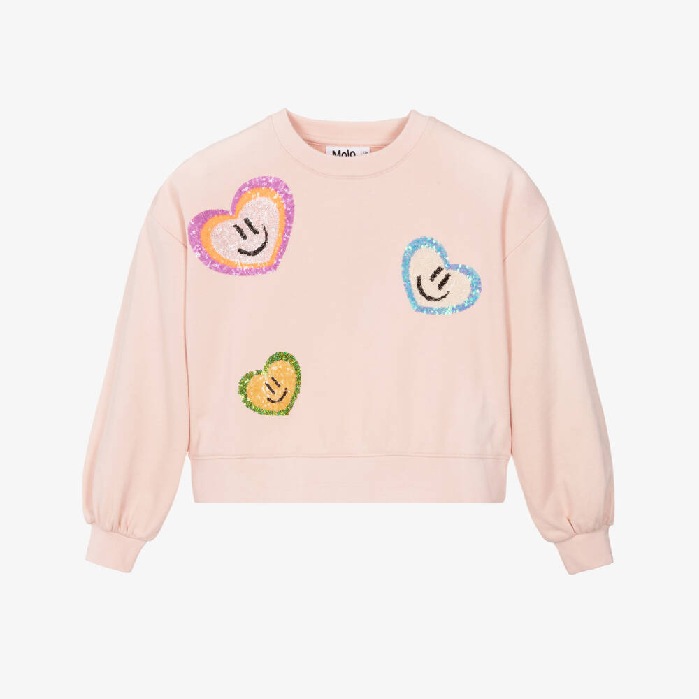 Molo-Girls Pink Organic Cotton Sweatshirt with Sequin Hearts | Childrensalon