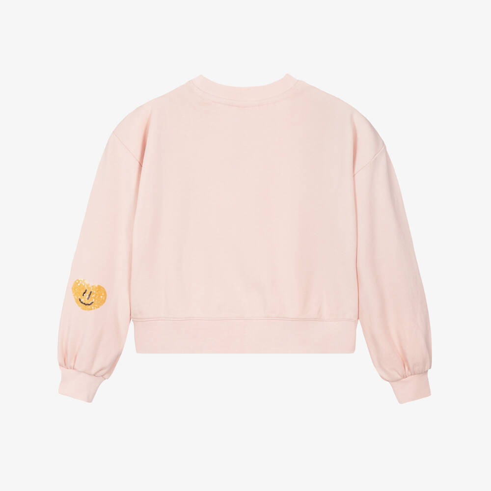 Molo-Girls Pink Organic Cotton Sweatshirt with Sequin Hearts | Childrensalon