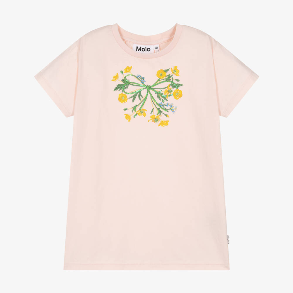 Molo-Girls Pink Organic Cotton T-Shirt with Sequinned Flowers | Childrensalon