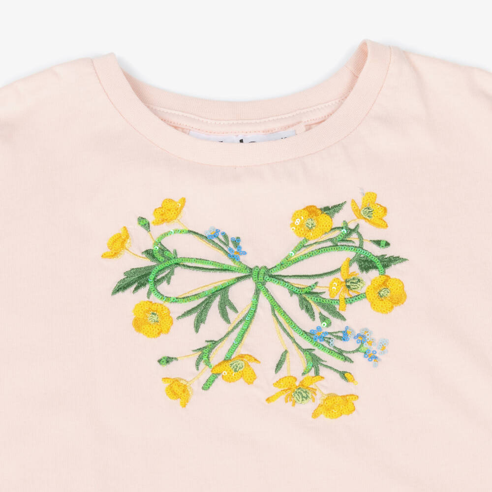 Molo-Girls Pink Organic Cotton T-Shirt with Sequinned Flowers | Childrensalon