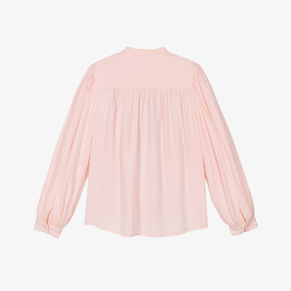 Molo-Girls Pink Pintuck Long Sleeve Collarless Blouse | Childrensalon