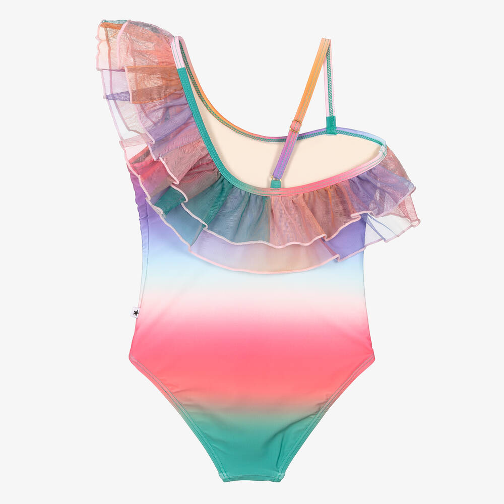 Molo-Girls Pink Rainbow Ruffle Swimsuit (UPF50+) | Childrensalon