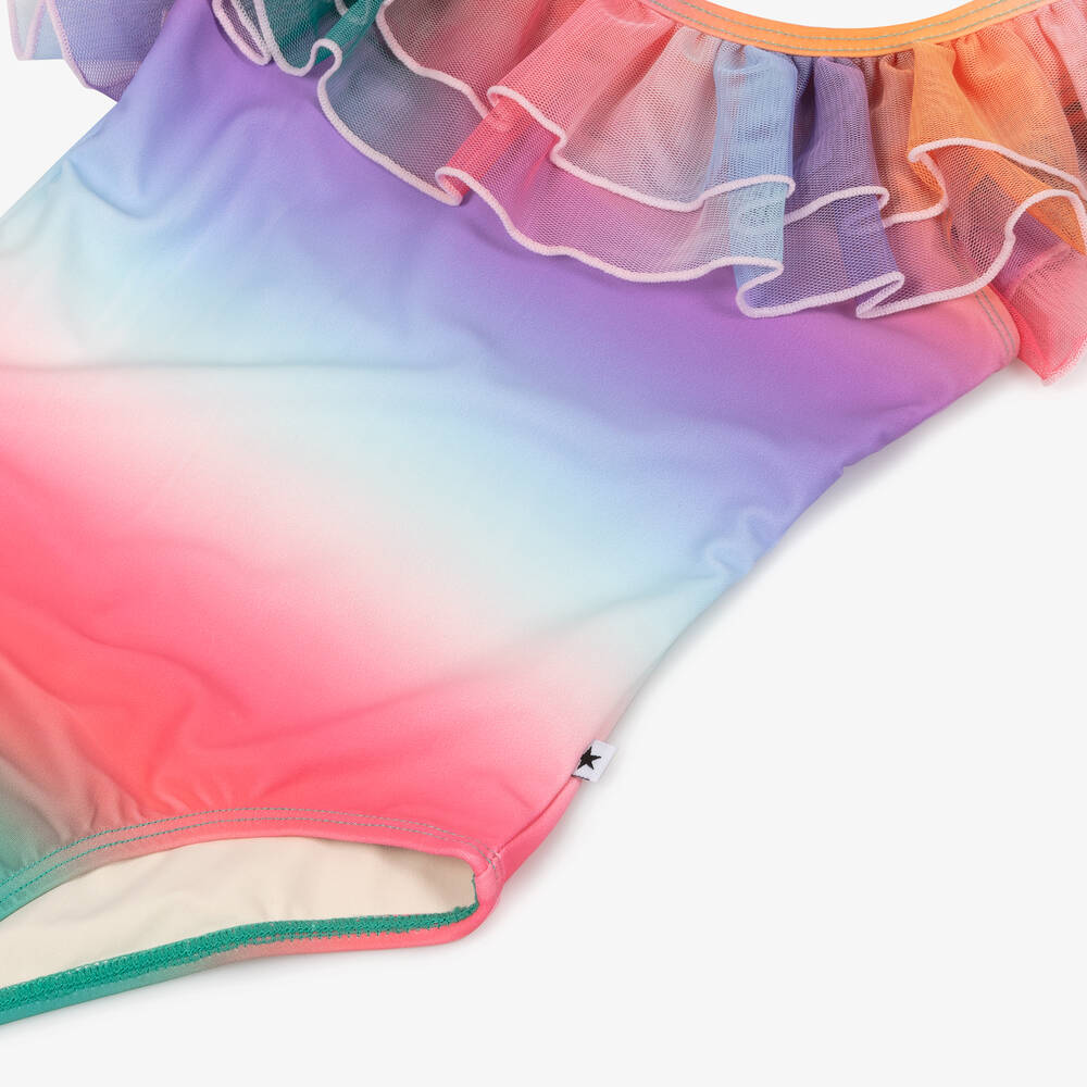 Molo-Girls Pink Rainbow Ruffle Swimsuit (UPF50+) | Childrensalon
