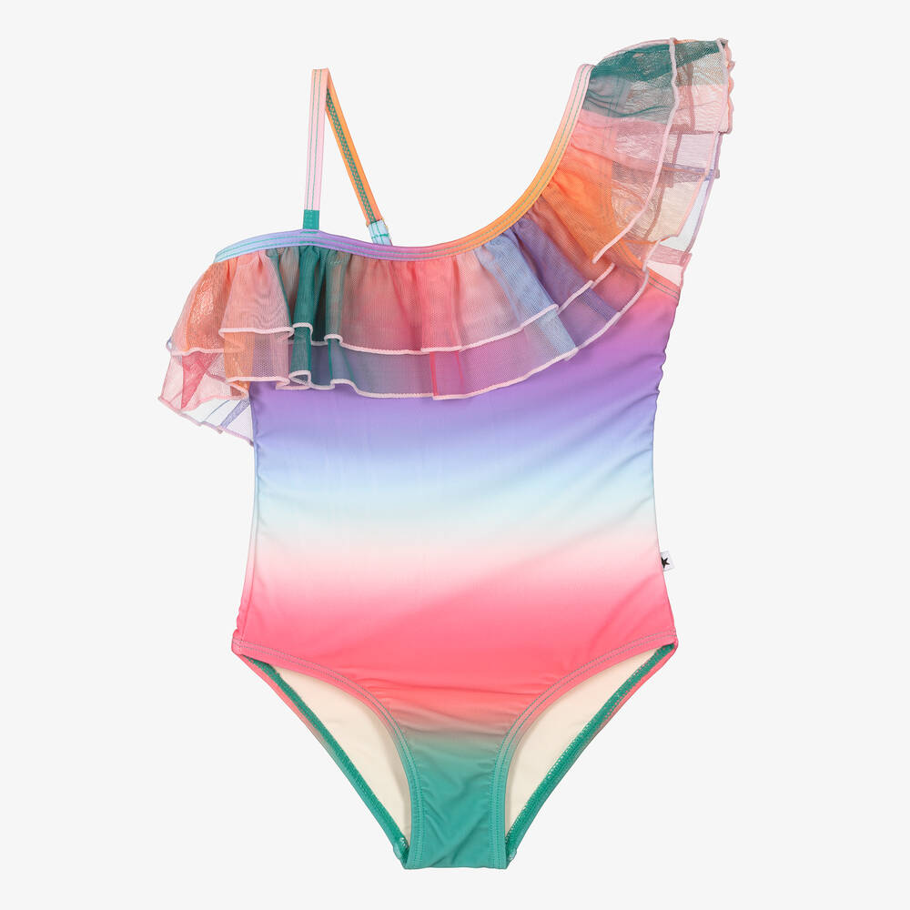 Molo-Girls Pink Rainbow Ruffle Swimsuit (UPF50+) | Childrensalon
