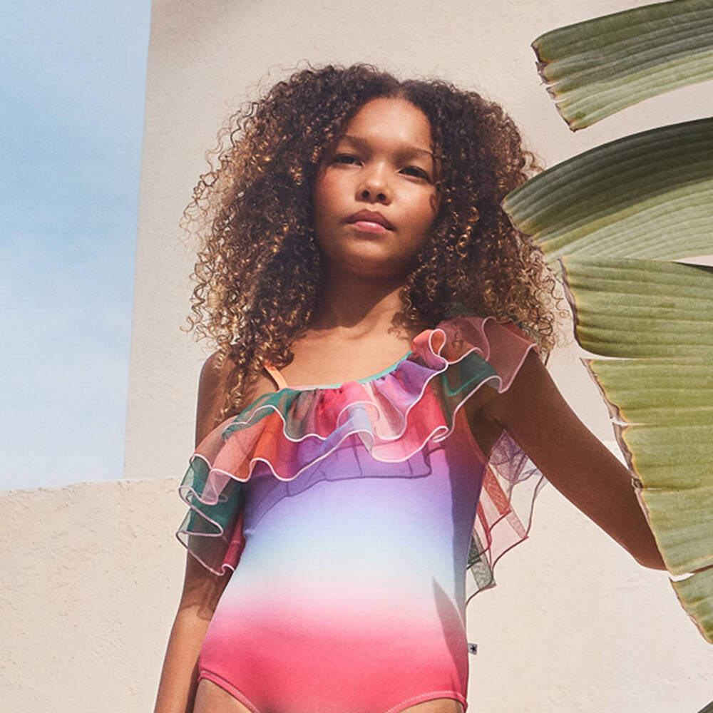 Molo-Girls Pink Rainbow Ruffle Swimsuit (UPF50+) | Childrensalon