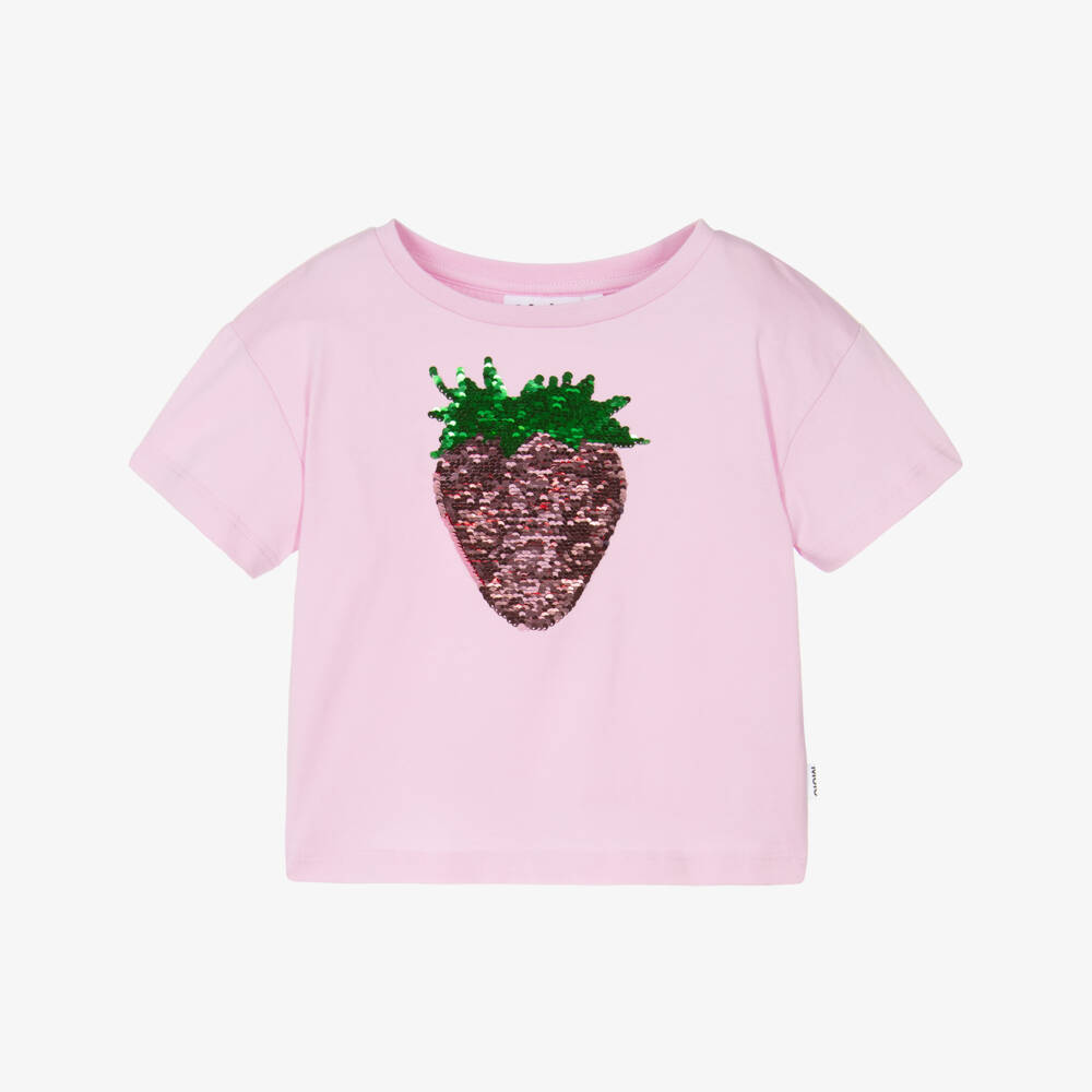 Molo-Girls Pink Reversible Sequin Strawberry Cotton T-Shirt | Childrensalon