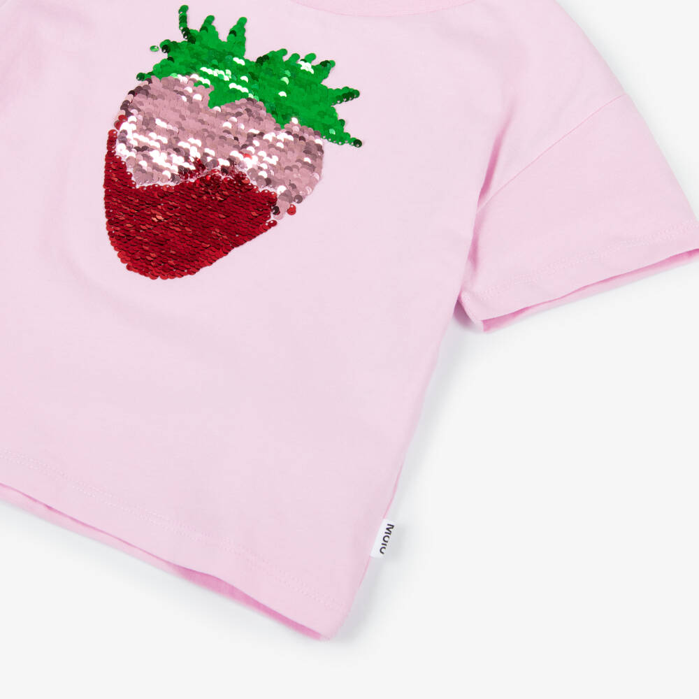 Molo-Girls Pink Reversible Sequin Strawberry Cotton T-Shirt | Childrensalon