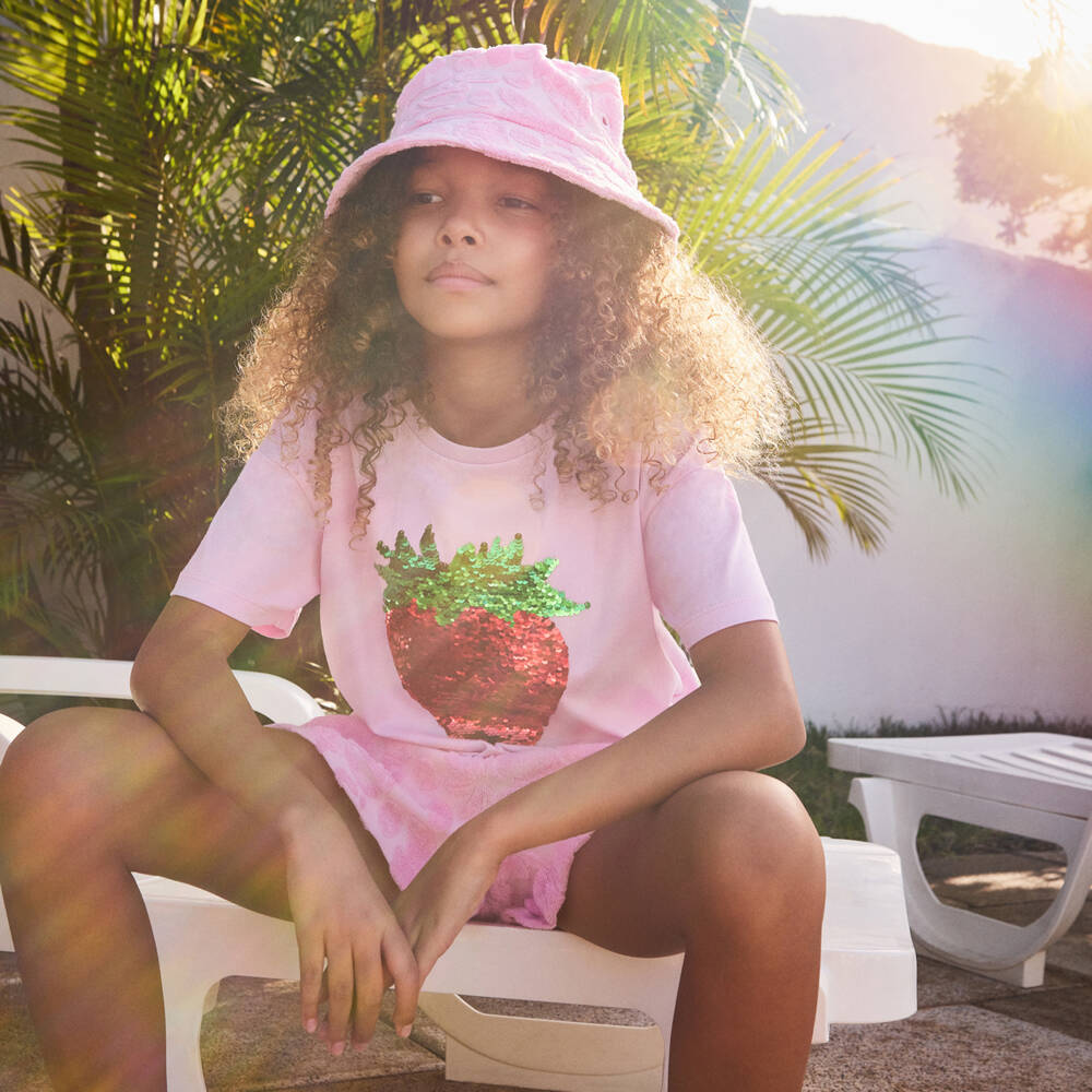 Molo-Girls Pink Reversible Sequin Strawberry Cotton T-Shirt | Childrensalon