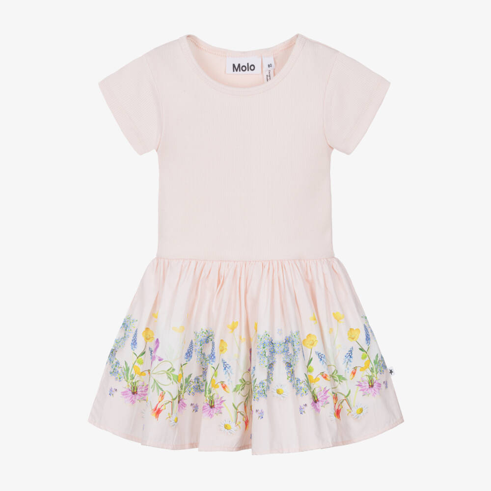 Molo-Girls Pink Ribbed Jersey & Floral Print Cotton Dress | Childrensalon