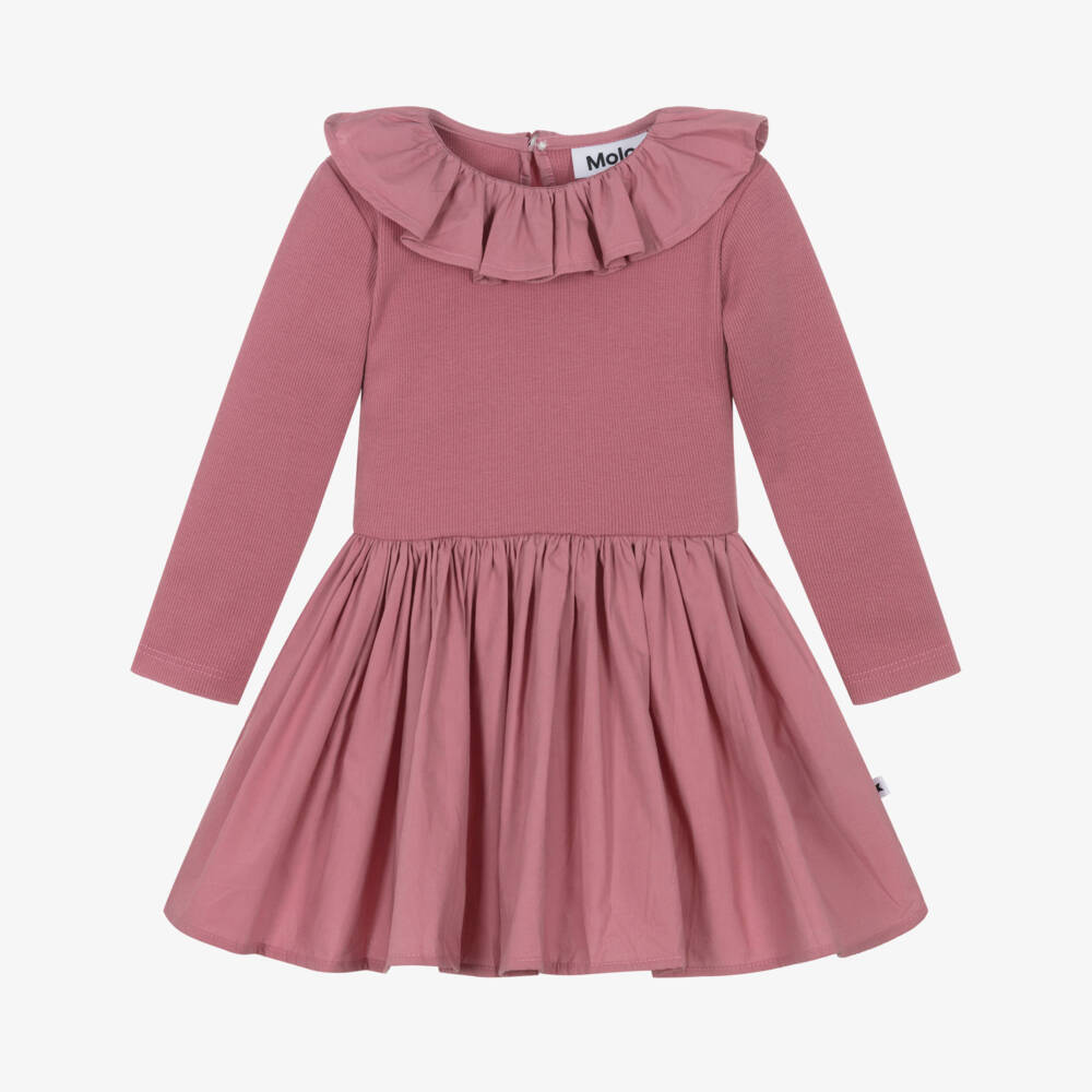 Molo-Girls Pink Ruffle Collar Organic Cotton Dress | Childrensalon