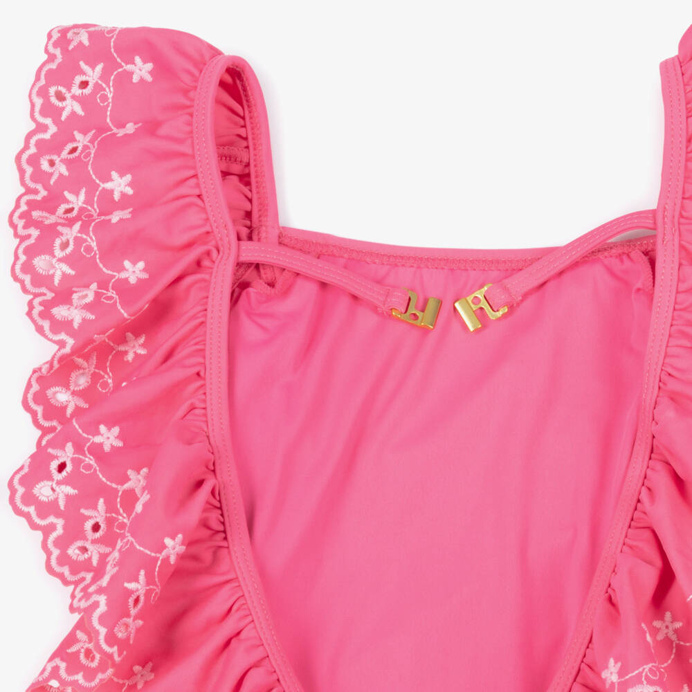 Molo-Girls Pink Ruffle Swimsuit with Floral Embroidery (UPF50+) | Childrensalon