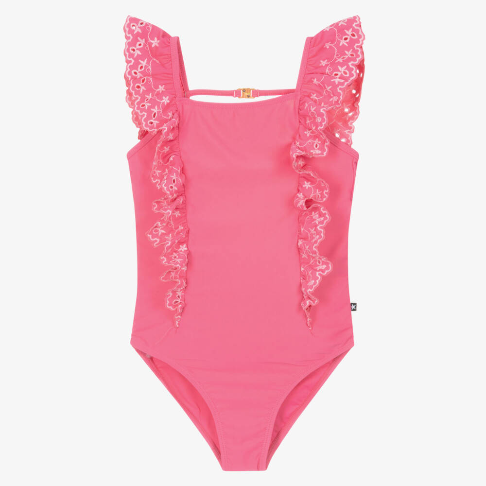 Molo-Girls Pink Ruffle Swimsuit with Floral Embroidery (UPF50+) | Childrensalon