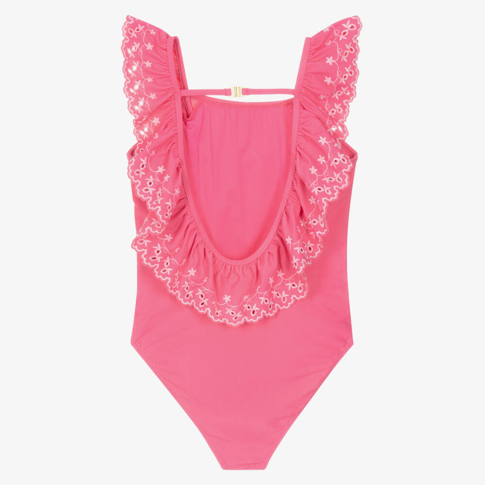 Molo-Girls Pink Ruffle Swimsuit with Floral Embroidery (UPF50+) | Childrensalon