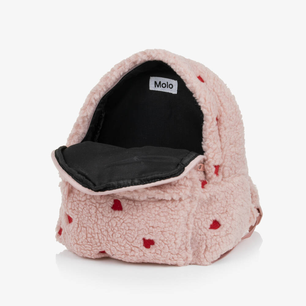 Molo-Girls Pink Sherpa Backpack with Red Heart Embroidery (30cm) | Childrensalon