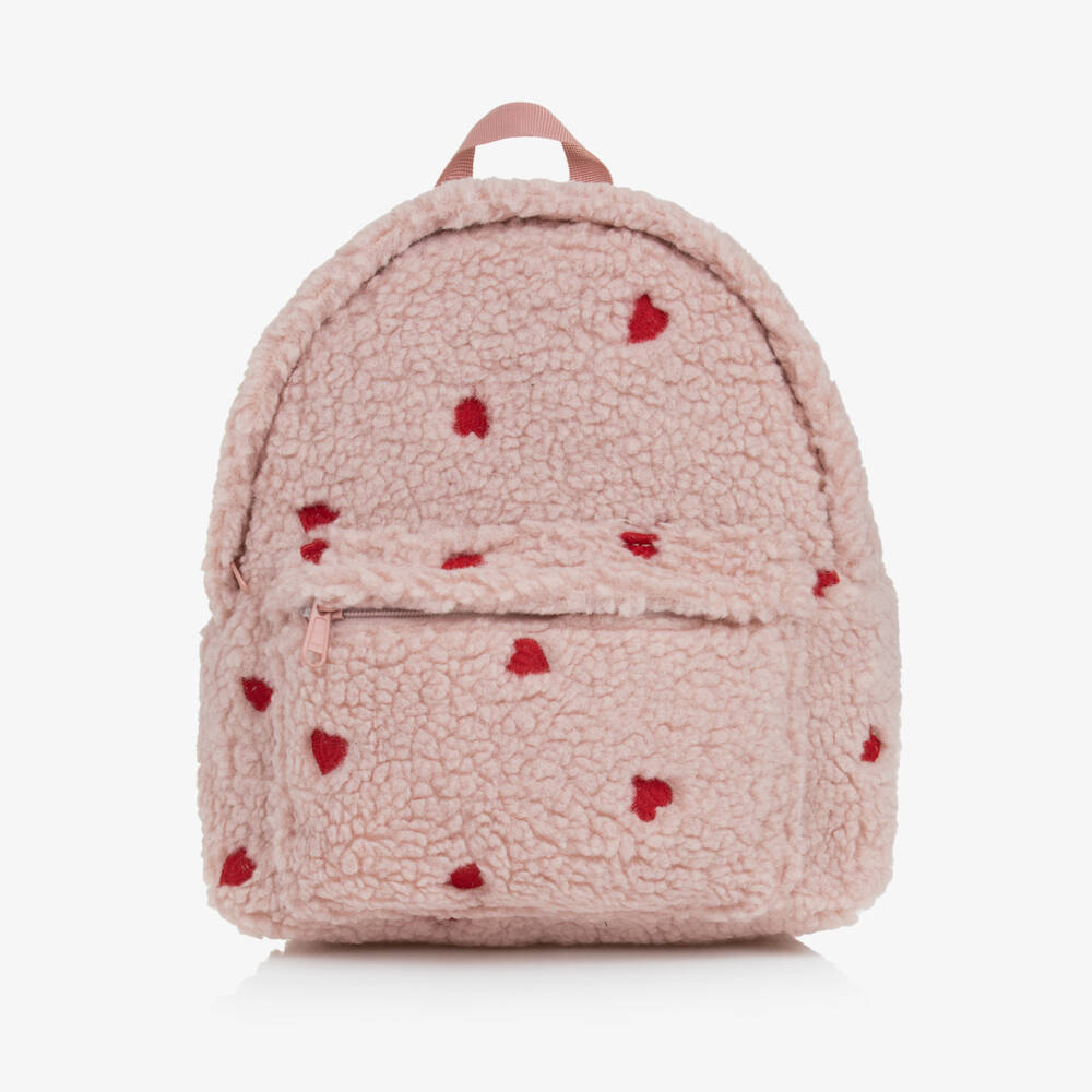 Molo-Girls Pink Sherpa Backpack with Red Heart Embroidery (30cm) | Childrensalon
