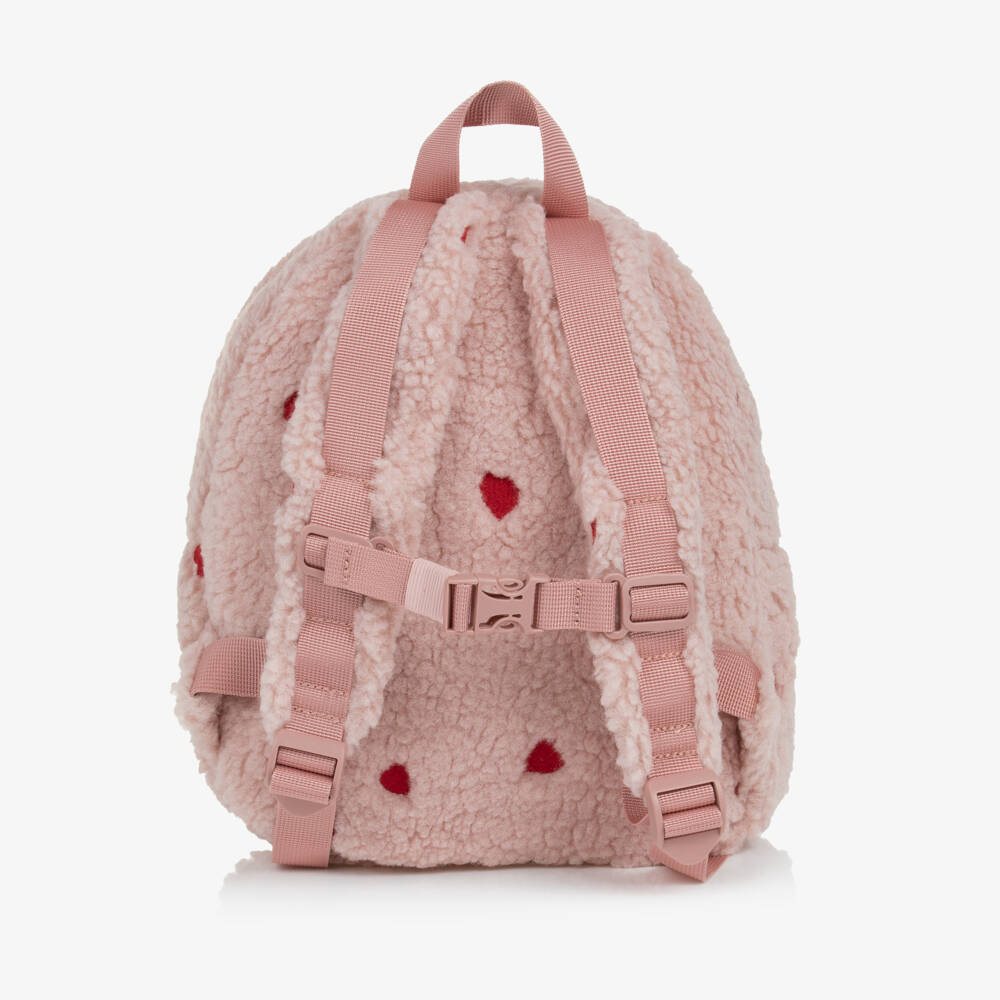 Molo-Girls Pink Sherpa Backpack with Red Heart Embroidery (30cm) | Childrensalon