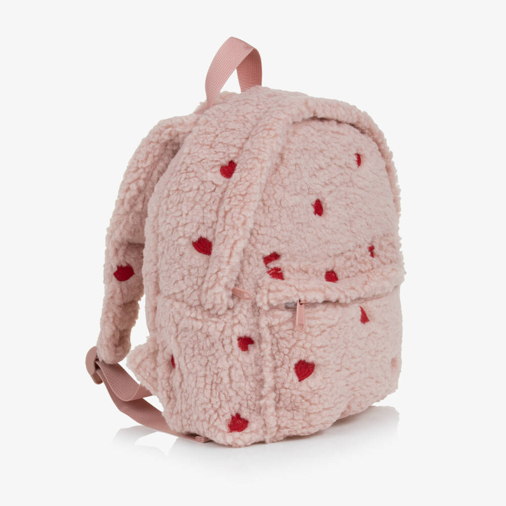 Molo-Girls Pink Sherpa Backpack with Red Heart Embroidery (30cm) | Childrensalon