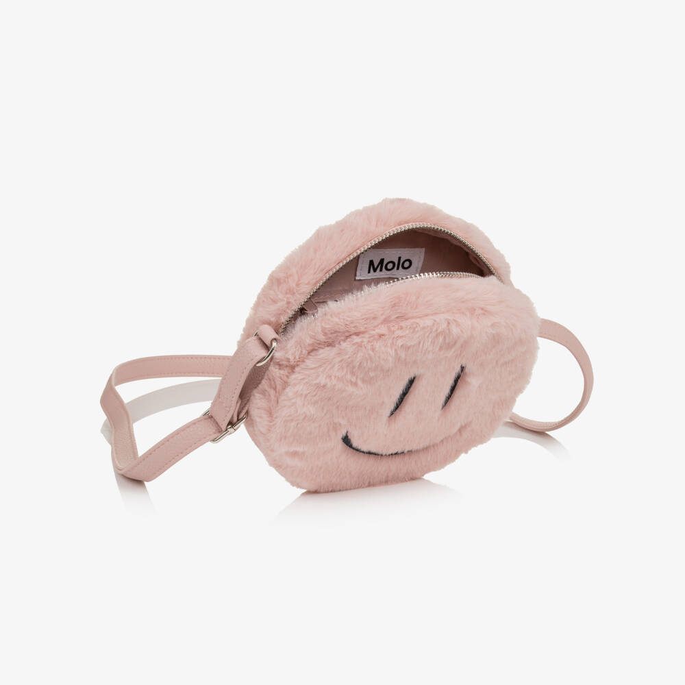 Molo-Girls Pink Smiling Face Faux Fur Shoulder Bag (17cm) | Childrensalon
